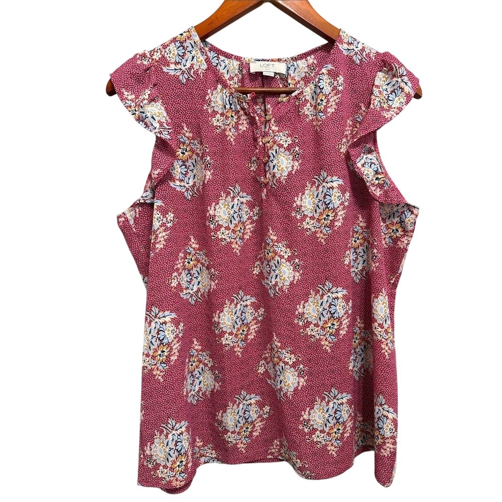LOFT‎ Floral Flutter Sleeve Blouse Women Size Medium Petite Pink Botanical Boho